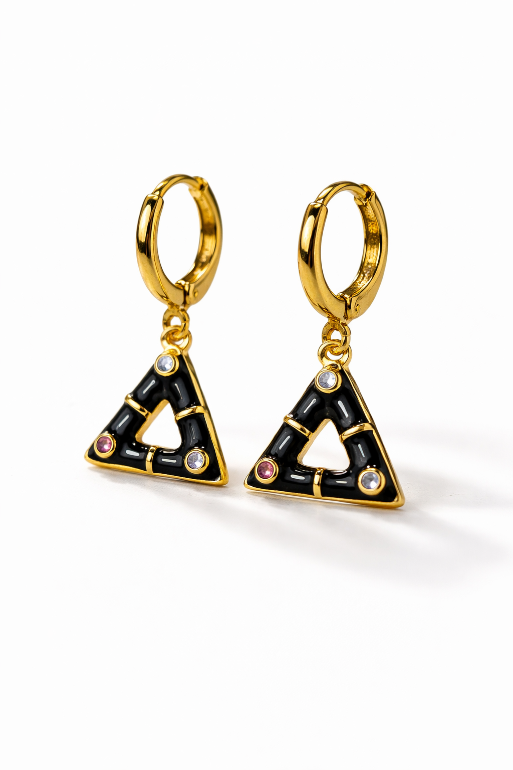 Noir Prism Drop Earrings – Black Enamel Triangle Hoops