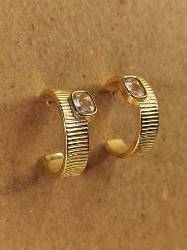 Gold Textured Hoop Earrings with Crystal Accent
