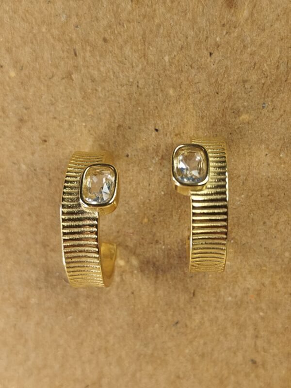 Gold Textured Hoop Earrings with Crystal Accent