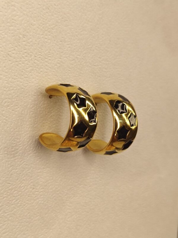 Gold & Black Enamel Star Hoop Earrings