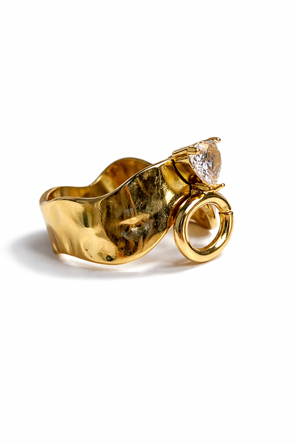The Rhea Ring Sculpted Gold Band with Dangling Loop & Crystal