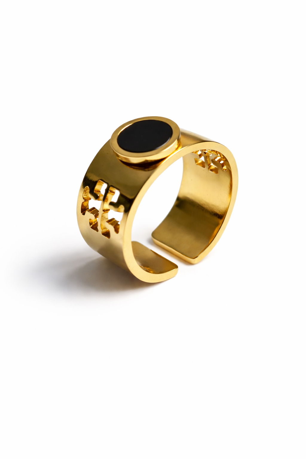 The Solstice Ring Gold Band with Black Enamel & Cutout Detailing